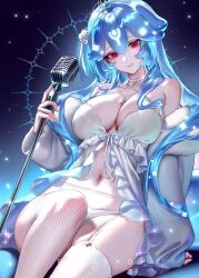 1girl artist_name babydoll bao_(vtuber) bare_shoulders blue_hair breasts closed_mouth commentary feather_boa fishnet_thighhighs fishnets garter_belt garter_straps highres holding holding_microphone indie_virtual_youtuber jewelry large_breasts long_hair looking_at_viewer microphone nail_polish navel necklace red_eyes ringeko-chan sitting smile solo star_(symbol) star_necklace stomach sweat symbol-only_commentary thighhighs thighs tiara very_long_hair virtual_youtuber white_babydoll white_garter_belt white_garter_straps white_nails white_thighhighs