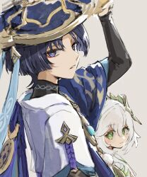 1boy 1girl absurdres arm_up black_bodysuit black_bridal_gauntlets black_hair blue_cape blue_gemstone blue_hat blue_pupils blue_sleeves blunt_ends bodysuit bridal_gauntlets bright_pupils cape closed_mouth colored_inner_hair cross-shaped_pupils eyeliner eyeshadow feathers gem genshin_impact gold gold_trim green_eyes green_hair grey_background hair_between_eyes hat height_difference highres japanese_clothes jingasa kimono layered_sleeves looking_at_viewer makeup mayonakaniwa multicolored_hair nahida_(genshin_impact) parted_lips pom_pom_(clothes) purple_eyes purple_hair purple_rope red_eyeliner red_eyeshadow rope scaramouche_(genshin_impact) short_sleeves sidelocks sketch smile streaked_hair symbol-shaped_pupils tareme tsurime turtleneck turtleneck_bodysuit vision_(genshin_impact) wanderer_(genshin_impact) white_hair white_kimono white_mouth white_pupils white_sleeves yellow_feathers