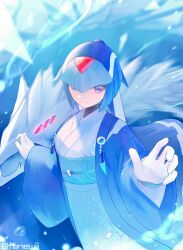 1girl absurdres android blue_background blue_eyes blue_kimono gloves helmet highres ice_dragon japanese_clothes kimono fairy_leviathan_(mega_man) looking_at_viewer mega_man_(series) mega_man_zero_(series) smile tanewiii white_gloves
