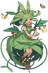 1girl artist_request bare_shoulders berry blush blush_stickers breasts brown_footwear bug butterfly challua_(world_flipper) collarbone dark-skinned_female dark_skin dirt dress dryad female_focus flower full_body green_dress green_eyes green_hair hand_up happy highres insect invisible_chair knees_together_feet_apart long_hair looking_at_viewer matching_hair/eyes monster_girl non-web_source official_art open_mouth plant plant_girl plant_hair pointy_ears red_flower sidelocks simple_background single_strap sitting sleeveless sleeveless_dress small_breasts smile solo teeth transparent_background vines world_flipper yellow_flower