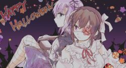 2girls back-to-back breasts brown_hair drill_hair eyepatch glasses green_eyes happy_halloween heaven_burns_red higuchi_seika hiiragi_kozue long_sleeves medium_hair multiple_girls one_eye_covered opi purple_eyes purple_hair twin_drills