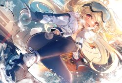 Rule 34 | 1girl, ahoge, azur lane, blonde hair, bluecher (azur lane), bluecher (high-altitude head over heels) (azur lane), blush, breasts, cleavage, commentary, full body, goggles, heaven&#039;s melody, highres, long hair, looking at viewer, mountain, official alternate costume, open mouth, outdoors, red eyes, shrug (clothing), sideboob, ski goggles, smile, snow, snowboard, solo, sunset, two side up, white shrug