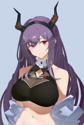 Rule 34 | 1girl, arknights, bare shoulders, black hairband, black horns, blue background, breasts, chinese commentary, cleavage, closed mouth, commentary request, crop top, dong tsugumi, hair between eyes, hairband, highres, horn hairband, horns, large breasts, long hair, long sidelocks, looking at viewer, navel, purple hair, red eyes, see-through cleavage, see-through clothes, sidelocks, simple background, solo, stomach, typhon (arknights), upper body