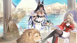 5girls absurdly_long_hair aiguillette ancient_egyptian animal animal_ears apron azur_lane bare_shoulders between_breasts black_boots black_dress black_gloves black_hair black_necktie black_shoes black_thighhighs blonde_hair boots bra breasts cannon cape cleavage cleopatra_(azur_lane) clothing_cutout crossed_legs dark-skinned_female dark_skin detached_sleeves dress earrings epaulettes frilled_dress frills full_body gallant_(azur_lane) game_cg garter_straps gloves gold_trim hair_between_eyes hair_ornament high_heel_boots high_heels highres jackal_ears jackal_girl jewelry large_breasts lion lion_(azur_lane) long_hair long_sleeves looking_at_viewer maid maid_apron medal multicolored_hair multiple_girls necktie necktie_between_breasts non-web_source official_art open_mouth purple_eyes purple_hair pyramid_(structure) red_cape red_dress red_sleeves river shield shoes sitting smile stiletto_heels sword tan tanline teeth thighhighs throne trafalgar_(azur_lane) trinidad_(azur_lane) two-tone_hair underwear very_long_hair weapon white_thighhighs wide_sleeves wings zettai_ryouiki