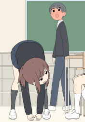 1boy 1girl bent_over blush juukyuu skirt smile sweat sweatdrop tagme
