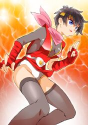 Rule 34 | 1girl, black hair, black thighhighs, blue eyes, breasts, closed mouth, fingerless gloves, gensou suikoden, gensou suikoden i, gloves, kasumi (suikoden), lipstick, makeup, medium breasts, ninja, onnaski, panties, scarf, short hair, skirt, solo, thighhighs, underwear, white panties