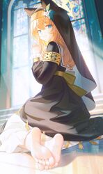 1girl absurdres barefoot blonde_hair blue_archive blue_eyes daxieshen_huashi feet highres long_hair looking_at_viewer mari_(blue_archive) nun orange_hair own_hands_together smile soles toes