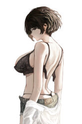 Rule 34 | 1girl, absurdres, aruhi (pyxk7325), back, bare back, black bra, black eyes, black hair, black panties, bra, breasts, closed mouth, commentary, cowboy shot, cutoffs, denim, denim shorts, english commentary, expressionless, from side, highres, large breasts, looking at viewer, median furrow, nipples, no shirt, open bra, open fly, original, panties, shirt, short hair, short shorts, shorts, shoulder blades, sideways glance, simple background, solo, standing, thong, torn clothes, torn shorts, underwear, unworn shirt, white background, white shirt
