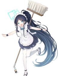 1girl :d absurdly_long_hair apron aqua_eyes aqua_halo aris_(blue_archive) aris_(maid)_(blue_archive) black_dress black_hair black_wrist_cuffs blue_archive blue_bow blue_bowtie bow bowtie bright_pupils chinese_commentary collared_dress commentary_request contrast_collar dress foot_up frilled_apron frilled_dress frills full_body hair_behind_ear hair_intakes halo happy hei_mu_nan_tong high_ponytail highres kei_(robot)_(blue_archive) light_blush long_hair long_sidelocks looking_at_viewer maid maid_apron maid_headdress mary_janes mop official_alternate_costume official_alternate_hairstyle open_mouth outstretched_arms pantyhose parted_bangs ponytail puffy_short_sleeves puffy_sleeves ringed_eyes shoes short_sleeves sidelocks simple_background smile solo spread_arms standing standing_on_one_leg triangle_halo very_long_hair very_long_sidelocks white_apron white_background white_bow white_pantyhose wrist_cuffs