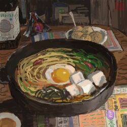 absurdres akziqi artist_name bowl commentary dated english_commentary food food_focus fried_egg highres indoors newspaper no_humans noodles numbered onigiri original still_life table
