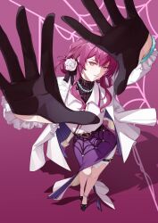 1girl absurdres beads belt black_gloves coat flower foreshortening from_above full_body gloves hair_bun hair_flower hair_ornament highres honkai:_star_rail honkai_(series) jacket jade_bracelet jewelry kafka_(good_me)_(honkai:_star_rail) kafka_(honkai:_star_rail) long_hair long_sleeves looking_at_viewer necklace pearl_necklace purple_background purple_eyes purple_hair purple_skirt rose shadow shirt silk single_side_bun skirt solo spider_web standing very_low_bun white_coat white_jacket white_shirt yujie953