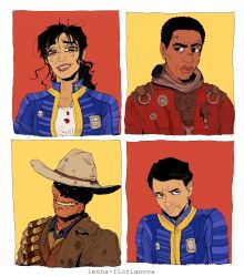 1girl 3boys black_eyes black_hair blue_jumpsuit brown_hat brown_jacket character_request the_ghoul_(fallout_tv_series) cowboy_hat fallout_(prime_video) fallout hat highres jacket jumpsuit leona-florianova long_hair looking_at_viewer lucy_maclean maximus_(fallout) multiple_boys multiple_pov ponytail pov shirt short_hair smile