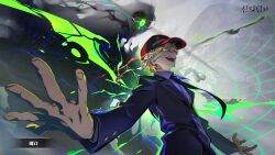 1boy bandaged_head bandages beta_(tower_of_god) blonde_hair blue_necktie blue_suit fingernails formal_clothes game_cg glowing glowing_eyes green_wings hat highres long_sleeves looking_at_viewer monster necktie open_mouth red_hat short_hair simple_background smile solo suit teeth tower_of_god tower_of_god:_great_journey uoongpig upper_teeth_only wings yellow_eyes