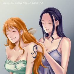 Rule 34 | 2girls, arm tattoo, bare shoulders, black hair, brushing another&#039;s hair, brushing hair, character name, closed eyes, commentary request, dated, hair brush, happy birthday, long hair, multiple girls, nami (one piece), nico robin, one piece, orange hair, sidelocks, smile, tattoo, upper body, yuri kohi