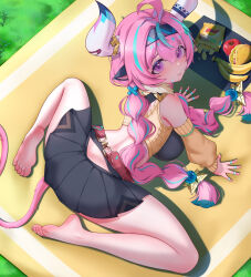 1girl absurdres apple banana barefoot blush chips_(food) feet food fruit genshin_impact highres horns long_hair looking_at_viewer low_twintails pink_hair potato_chips purple_eyes soles taco tail toes twintails varesa_(genshin_impact) ylic