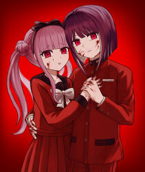 arm_around_waist blood blood_on_face blood_on_hands blood_splatter brother_and_sister closed_mouth collarbone fingernails frown highres holding_hands long_sleeves looking_at_viewer matching_outfits open_mouth pink_hair pleated_skirt purple_hair red_eyes siblings skirt the_hundred_line_-last_defense_academy- tsukumo_ima tsukumo_kako twins twintails