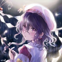 1girl beret branch commentary_request detached_sleeves earrings gohei hat highres japanese_clothes jewelry kimono long_sleeves looking_at_viewer looking_back medium_hair miko moonlight&#039;s_anti-soul_(touhou) ofuda ofuda_on_clothes parted_lips portrait_of_exotic_girls purple_eyes purple_hair rain ribbon-trimmed_sleeves ribbon_trim sasami_(shiroi_fuwafuwa) solo touhou trigram water_drop wavy_hair wet wet_clothes white_hat white_kimono white_sleeves wide_sleeves yin_yang yin_yang_earrings