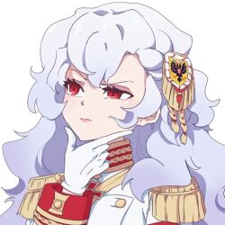 1girl aiguillette alpha_(alpha_1918) armband buttons collar cross cross_pendant epaulettes findoworld fluffy fluffy_hair gloves gold_buttons gold_trim hair_ornament lips long_hair looking_at_viewer military military_uniform non-web_source original red_eyes red_sleeve_cuffs russian_empire sleeve_cuffs solo sticker thinking transparent transparent_background very_long_hair white_gloves white_hair