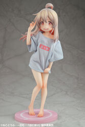 1girl absurdres ahoge bare_legs barefoot blue_shirt collarbone figure figure_(medium) full_body hair_between_eyes highres knees long_hair looking_at_viewer naked_shirt no_pants official_art onii-chan_wa_oshimai! open_mouth oversized_clothes oyama_mahiro photo_(medium) red_eyes shirt shirt_tug short_sleeves solo standing t-shirt wide_sleeves