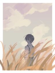 1boy :d absurdres black_hair blurry border closed_eyes cloud cloudy_sky collared_shirt crossed_bangs depth_of_field double-parted_bangs grin highres limbus_company looking_at_viewer looking_back male_focus muted_color open_mouth outside_border project_moon shirt short_hair sky sleeves_rolled_up smile solo suspenders upper_body wheat_field white_border white_shirt yi_sang_(project_moon) zero_letter