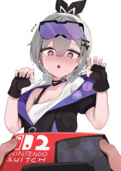 1girl 1other black_gloves black_jacket black_ribbon bra_strap eyewear_on_head gloves grey_eyes grey_hair hair_ribbon hands_up heart heart-shaped_pupils holding honkai:_star_rail honkai_(series) jacket nintendo_switch_2 off_shoulder open_mouth ribbon shirt short_sleeves silver_wolf_(honkai:_star_rail) simple_background single-shoulder_shirt single_bare_shoulder skai_kun sunglasses symbol-shaped_pupils upper_body white_background white_shirt