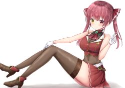 1girl ankle_boots ascot belt black_boots black_choker black_hat black_thighhighs boots breasts brown_belt choker cleavage closed_mouth covered_navel cropped_jacket frilled_choker frills hair_ribbon hat hayashi_maka heterochromia highres hololive houshou_marine houshou_marine_(1st_costume) jacket large_breasts leotard leotard_under_clothes looking_at_viewer pirate_hat red_ascot red_eyes red_hair red_jacket red_ribbon red_skirt ribbon skirt sleeveless sleeveless_jacket smile solo thighhighs twintails v virtual_youtuber yellow_eyes