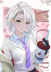 1girl absurdres artist_name blush closed_mouth collared_shirt commentary_request cup dated disposable_cup drinking_straw girls&#039;_frontline girls&#039;_frontline_2:_exilium hair_ornament hairclip highres hojumari holding holding_cup looking_at_viewer necktie off_shoulder official_alternate_costume pink_nails purple_necktie shirt short_hair solo sweater upper_body vector_(girls&#039;_frontline) vector_(girls&#039;_frontline_2) vector_(vivi_sometimes_hides_her_molotovs)_(girls&#039;_frontline_2) white_hair white_shirt yellow_eyes yellow_sweater