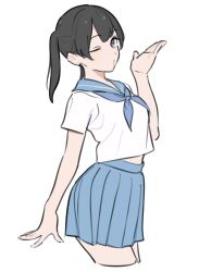 1girl black_hair blue_bow blue_sailor_collar blue_skirt bow breasts grey_eyes highres kashiwa_(iersansi) long_hair one_eye_closed original pleated_skirt sailor_collar shirt short_sleeves simple_background skirt solo white_background white_shirt