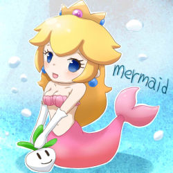 1girl blonde_hair blue_eyes chibi crown female_focus mario_(series) mermaid monster_girl nintendo princess_peach solo super_mario_bros._1 turnip underwater