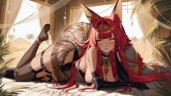 1girl absurdres animal_ears black_choker black_gloves breasts choker cleavage closed_mouth elbow_gloves gloves gold_trim helloimtea highres indie_virtual_youtuber long_hair nephernya_(vtuber) palm_tree red_hair sand_dune second-party_source solo tail thighhighs tree virtual_youtuber yellow_eyes