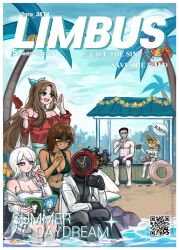 Rule 34 | 1boy, 1other, 4girls, absurdres, alfonso (project moon), angela (project moon), beach, bikini, blue eyes, brown hair, clock, commentary request, dante (limbus company), don quixote (project moon), dress, faust (project moon), fire, food, grin, hands up, highres, innertube, korean commentary, korean text, library of ruina, limbus company, low ponytail, meursault (project moon), multiple girls, nra 3614, object head, off-shoulder shirt, off shoulder, open mouth, outdoors, outis (project moon), pale skin, ponytail, popsicle, project moon, red shirt, rodion (project moon), second-party source, shaded face, shirt, short hair, smile, summer, swim ring, swimsuit, translation request, white bikini, white dress, white hair, white shirt