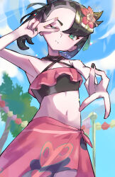1girl absurdres bikini black_hair black_nails blue_sky breasts flower green_eyes hair_flower hair_ornament hair_ribbon hibiscus highres looking_at_viewer marnie_(pokemon) marnie_(summer_2021)_(pokemon) navel nintendo one_eye_closed pokemon pokemon_masters_ex rasoso_(wyzx4524) ribbon sarong sky small_breasts solo stomach swimsuit twintails v v_over_eye