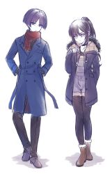 Rule 34 | 1boy, 1girl, alternate costume, alternate hairstyle, aqua eyes, arms at sides, black choker, black pants, black sleeves, black thighhighs, black undershirt, blue coat, blue sleeves, blunt bangs, blunt ends, brown hair, brown shoes, buttons, casual, choker, closed mouth, coat, contemporary, double-breasted, drawstring, eyeliner, eyeshadow, fringe trim, full body, fur-trimmed collar, fur-trimmed shoes, fur trim, genshin impact, grey overalls, grey shoes, hair between eyes, hands in pockets, high collar, high ponytail, highres, lapels, layered sleeves, long sleeves, makeup, mona (genshin impact), overalls, pants, parted bangs, ponytail, purple coat, purple eyes, purple hair, red eyeliner, red eyeshadow, red scarf, renacchi06, ribbed shirt, ribbed sleeves, scaramouche (genshin impact), scarf, shirt, shoes, sidelocks, standing, swept bangs, thighhighs, tsurime, white background