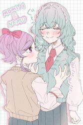2girls ? blush bow groping groping_motion hair_bow heart highres kimi_no_koto_ga_dai_dai_dai_dai_daisuki_na_100-nin_no_kanojo m_vo_rv momi_momiji multiple_girls necktie nemui_nemu pink_bow purple_hair sweater_vest yellow_sweater_vest