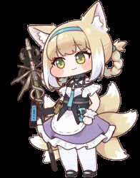 1girl animal_ears animated animated_gif arknights artist_request blue_hairband blush braid braided_hair_rings diyap_(style) dress fox_ears fox_girl fox_tail green_eyes hair_rings hairband highres holding holding_staff infection_monitor_(arknights) kitsune kyuubi multiple_tails open_mouth pantyhose purple_dress simple_background solo staff suzuran_(arknights) tail transparent_background twin_braids variant_set white_pantyhose