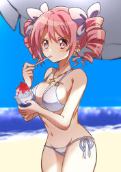 1girl absurdres beach bikini blue_sky breasts cowboy_shot day drill_hair food highres horizon jashin-chan_dropkick large_breasts navel o-ring o-ring_bikini o-ring_top ocean outdoors pink_eyes pink_hair pino_(jashin-chan_dropkick) poppu shaved_ice side-tie_bikini_bottom sky solo spoon swimsuit twin_drills twintails utensil_in_mouth white_bikini