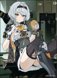 1girl absurdres anby_demara anby_demara_(silver_soldier) armor black_hairband black_panties black_thighhighs boots breasts burger closed_mouth dress eating fingerless_gloves food food_on_face gloves green_eyes grey_hair hairband highres holding holding_burger holding_food indoors jizaier looking_at_viewer medium_breasts miyoushe_watermark multicolored_eyes orange_eyes panties short_hair sitting soldier solo thighhighs underwear watermark white_gloves zenless_zone_zero