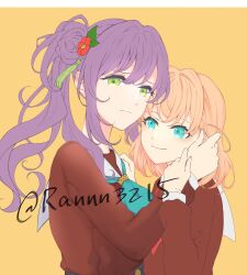 Rule 34 | 2girls, aqua neckerchief, blue eyes, brown dress, cerise bouquet, closed mouth, commentary request, dress, flower, frown, green eyes, hair bun, hair flower, hair intakes, hair ornament, hasu no sora school uniform, highres, hinoshita kaho, link! like! love live!, long hair, long sleeves, looking at another, looking at viewer, love live!, medium hair, multiple girls, neckerchief, orange hair, otomune kozue, purple hair, ranmaro, red flower, red neckerchief, sailor collar, sailor dress, school uniform, side ponytail, sidelocks, simple background, single side bun, smile, tassel, tassel hair ornament, twitter username, two side up, upper body, virtual youtuber, white sailor collar, winter uniform, yellow background