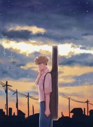 Rule 34 | 1boy, blue pants, breast pocket, brown hair, collared shirt, commentary request, cowboy shot, dos i2525, dusk, from side, futsuu no keion-bu, hand on own face, highres, light smile, looking at viewer, male focus, night, night sky, outdoors, pants, pocket, power lines, profile, school uniform, shirt, short hair, short sleeves, sky, solo, standing, star (sky), starry sky, summer uniform, takami kouki, utility pole, white shirt