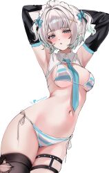 1girl absurdres acedia aqua_necktie armpits arms_behind_head black_sleeves black_thighhighs blue_bra blue_eyes blue_panties blunt_bangs blush bra breasts collared_shrug commentary cosplay detached_sleeves gradient_hair green_hair hair_ornament hairclip hatsune_miku hatsune_miku_(cosplay) highres indie_virtual_youtuber looking_at_viewer maid_headdress medium_breasts mint_fantome multicolored_hair navel necktie open_mouth panties pointy_ears short_hair shrug_(clothing) side-tie_panties simple_background single_thighhigh sleeveless_shrug solo stomach striped_bra striped_clothes striped_panties thigh_strap thighhighs torn_clothes torn_thighhighs two_side_up underwear virtual_youtuber wavy_hair white_background white_bra white_hair white_panties white_shrug x_hair_ornament