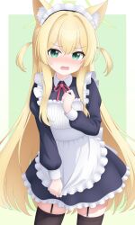 1girl absurdres animal_ears black_dress blue_archive blush crat2222 dress fox_ears fox_girl fox_platoon_(blue_archive) green_halo halo highres kurumi_(blue_archive) maid maid_headdress triangle_halo