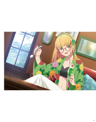 1girl :d artbook bespectacled blonde_hair blunt_bangs cherry collarbone couch crossed_legs cup drinking_glass earrings floral_print food fruit glass glasses green_eyes green_hairband hair_ribbon hairband heanna_sumire highres holding holding_spoon indoors jewelry long_hair long_sleeves looking_at_viewer love_live! love_live!_superstar!! midriff navel non-web_source official_art open_clothes open_mouth painting_(object) pants parfait red-framed_eyewear ribbon shirt sitting smile solo spoon white_pants wide_sleeves window