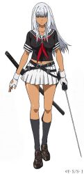 1girl 20s bare_legs breasts curvy dark_skin expressionless fingerless_gloves gloves highres holding holding_sword holding_weapon ikkitousen katana large_breasts long_hair looking_at_viewer midriff navel official_art school_uniform shin_ikkitousen shiny_skin simple_background skirt solo source_request standing sword weapon white_background white_hair wide_hips yamada_asaemon_(ikkitousen)