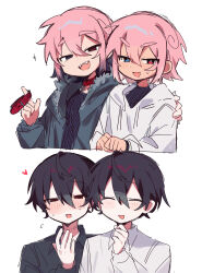 +++ 4boys ^_^ absurdres black_hair black_shirt blue_eyes blush bright_pupils closed_eyes collar commentary_request drawstring empty_eyes fang gradient_hair hair_between_eyes hand_on_another&#039;s_shoulder heart heterochromia highres holding holding_collar hood hoodie jacket long_sleeves male_focus multicolored_hair multiple_boys open_clothes open_jacket open_mouth original personality_switch pink_hair raito-kun_(uenomigi) red_eyes sharp_teeth shirt short_hair shou_(uenomigi) simple_background sketch smile sweat teeth tsurime two-tone_hair uenomigi white_background white_hoodie white_pupils white_shirt