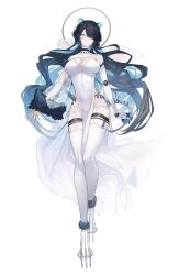 1girl black_hair blue_hair body_markings breasts cleavage closed_mouth colored_inner_hair dress erina_makina fur-trimmed_sleeves fur_trim grey_eyes hair_over_one_eye halo highres long_hair mechanical_arms mins_(minevi) multicolored_hair official_art phase_connect second-party_source see-through_cleavage see-through_clothes see-through_sleeves single_mechanical_arm single_sleeve solo tail thighhighs tiger_girl tiger_tail virtual_youtuber white_dress white_thighhighs