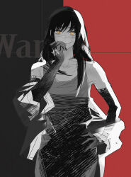 1girl bing_(gomatora5656) black_background chainsaw_man closed_mouth dress elbow_gloves gloves greyscale_with_colored_background highres jacket long_hair red_background ringed_eyes solo two-tone_background yellow_eyes yoru_(chainsaw_man)