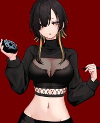 Rule 34 | 1girl, black hair, black shirt, breasts, cleavage, crop top, extreme crop top, fishnets, frown, hands up, highres, holding, holding stylus, kushinaka, large breasts, long hair, long sleeves, looking at viewer, midriff, multicolored hair, navel, open mouth, original, red background, see-through cleavage, see-through clothes, shirt, simple background, solo, stomach, streaked hair, stylus, tourbox, two-tone hair, upper body, yellow eyes