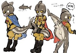 2boys aged_down android anus ass belt bent_over black_belt black_boots black_gloves blue_cape boots brothers cape cetacean_tail colored_sclera colored_skin completely_nude dolphin_boy dragon_ball dragon_ball_super dragon_ball_super_super_hero embarrassed fins fish_tail gamma_1 gamma_2 gloves grey_skin hand_up head_fins highres holding holding_own_tail jacket long_sleeves looking_at_viewer looking_back looking_to_the_side male_focus multicolored_skin multiple_boys multiple_views no_eyebrows nude number_print obata2nd open_mouth pants puffy_long_sleeves puffy_pants puffy_sleeves red_cape red_ribbon_army shota siblings sideways_glance simple_background speech_bubble surprised tail testicles turtleneck turtleneck_jacket twins two-tone_skin white_background white_skin yellow_jacket yellow_pants yellow_sclera