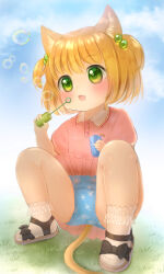 1girl :3 animal_ears black_bow blowing_bubbles blue_panties blush bow brown_sandals bubble bubble_wand cat_ears cat_girl cat_tail clothes_lift cloud crotch_seam dress dress_lift fang flat_chest floral_print footwear_bow grass green_eyes hair_bobbles hair_ornament holding lace lace-trimmed_legwear lace_trim niwaniwatori open_mouth orange_hair original panties pink_dress print_dress print_panties rainbow_print sandals short_hair short_sleeves short_twintails sky smile socks squatting tail twintails underwear white_socks