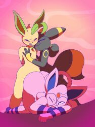 1boy 2girls arms_tied_behind arms_tied_together blush espeon furry furry_female furry_male furry_with_furry gen_2_pokemon gen_4_pokemon glasses glasses_on_head group_sex heart leafeon multiple_girls nintendo pokemon rime_the_vixen sex smile umbreon
